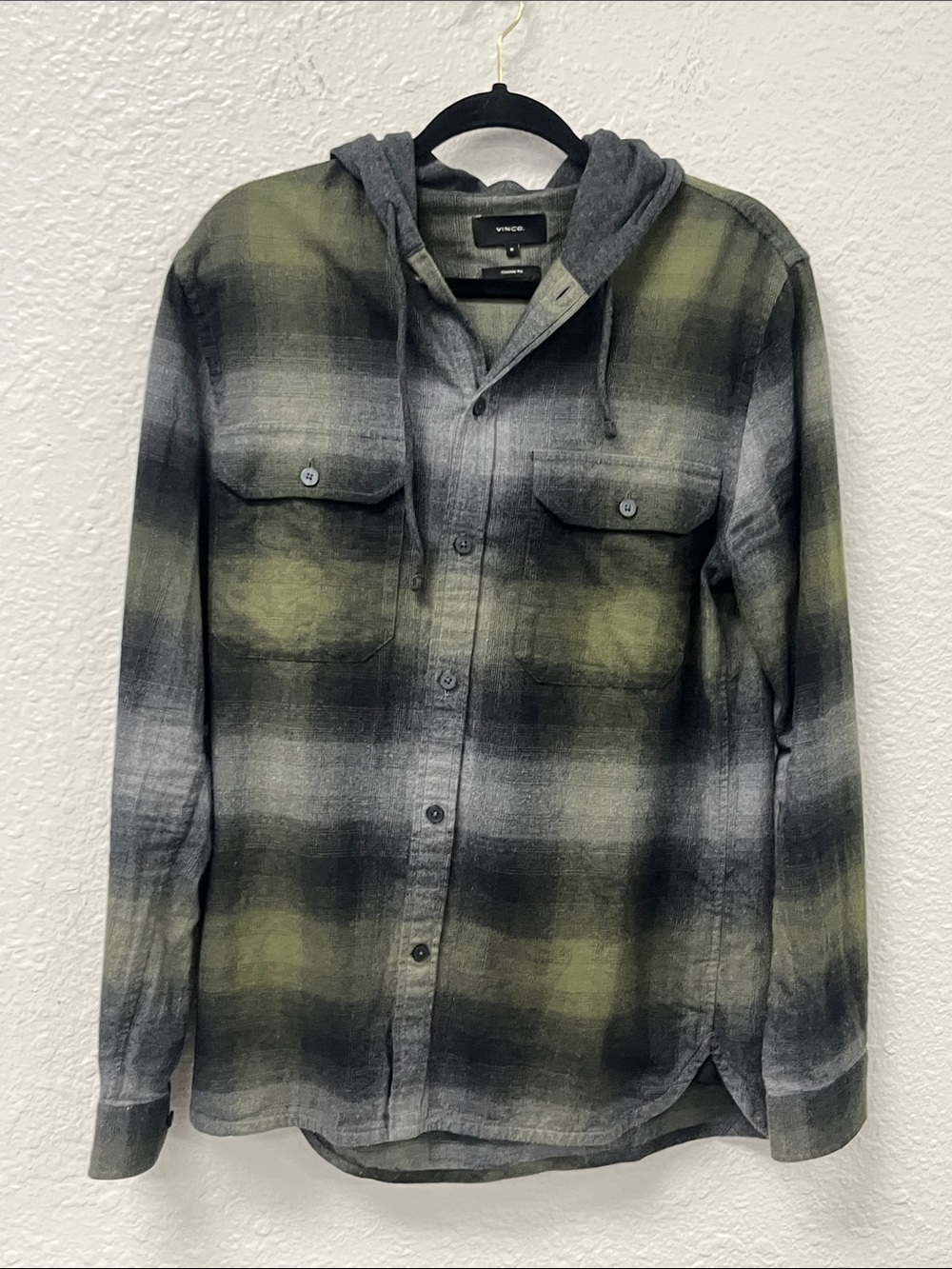 Vince Olive and Gray Plaid Hooded Shirt Jacket #1223